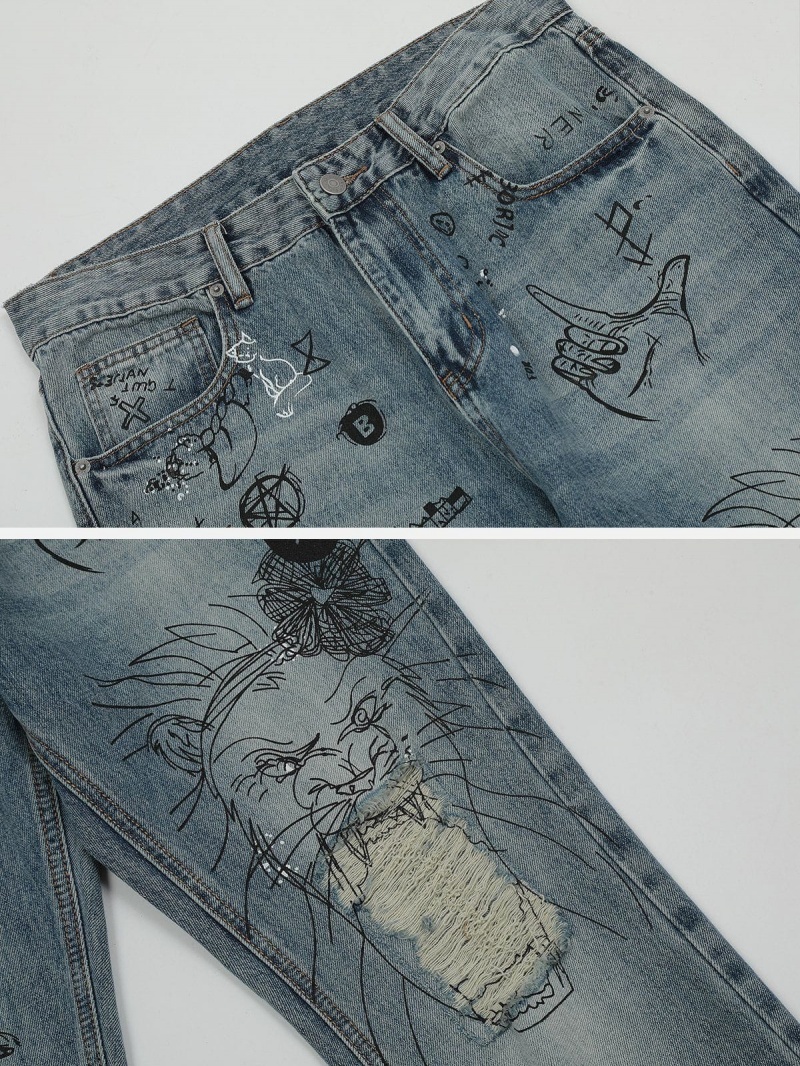 Bleu  Jean Aelfric Eden Cartoon Pattern Graffiti - RSG-8009466